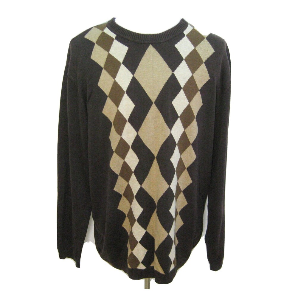 AXCESS Mens (Size 2XL) Brown Argyle Long Sleeve Crewneck Sweater 100% Cotton Top